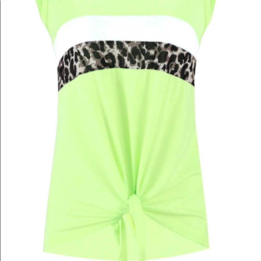 Neon Yellow Striped Leopard/White Tie Front Top - Picture 3 of 6